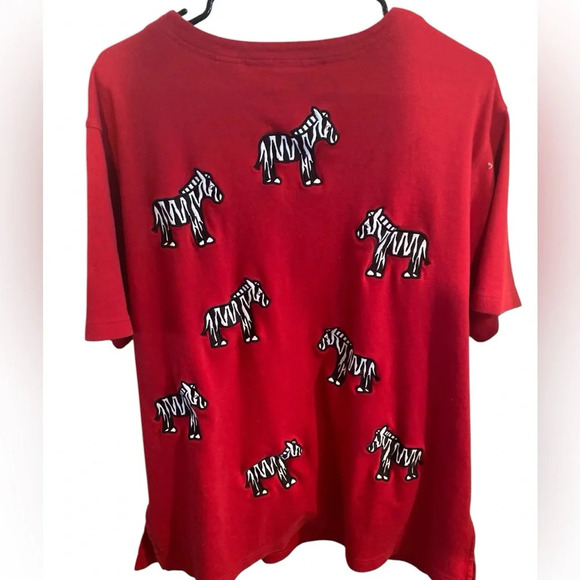 vintage béchamel 100% cotton red V neck Tshirt embroidered Zebras fall statement - Picture 2 of 7